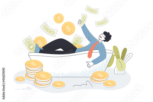 Money raining on happy millionaire in bathtub. Rich cartoon character bathing in dollars flat vector illustration. Dream, success, wealth concept for banner, website design or landing web page