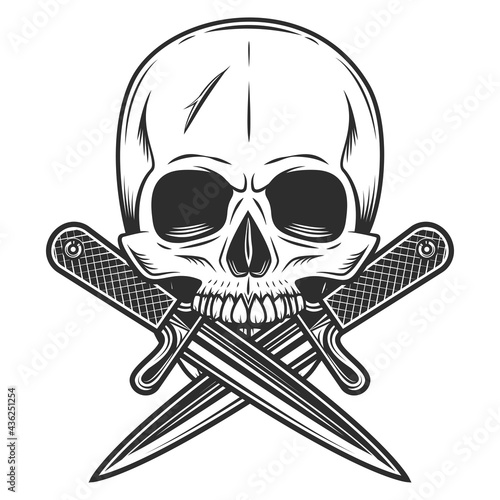 Gangster skull with crossed knives in vintage monochrome style isolated vector illustration