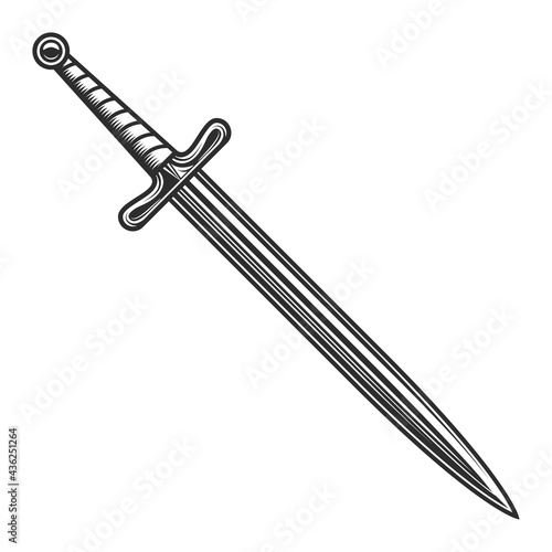 Warrior sword isolated on white in vintage monochrome retro style vector illustration