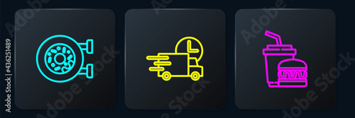 Set line Donut, Paper glass and burger and Fast delivery by car. Black square button. Vector
