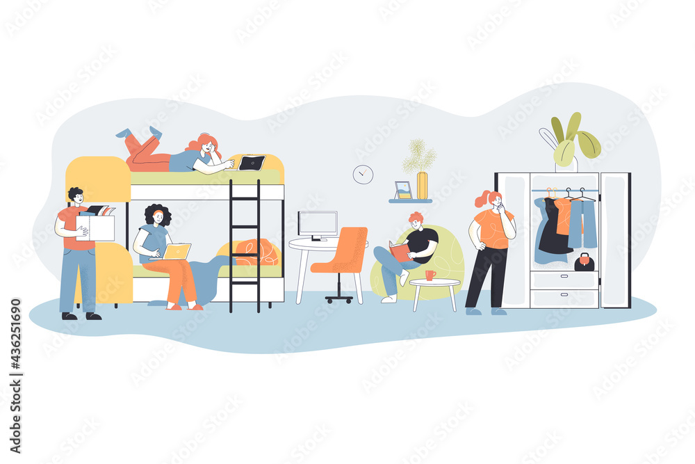 Plakat Group of students in room at hostel. Young cartoon characters living in dorm, alternative house flat vector illustration. Accommodation, college concept for banner, website design or landing web page