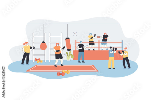 Men and women in gloves training boxing exercises at gym. Cartoon characters fighting on arena flat vector illustration. Fight club, sports concept for banner, website design or landing web page