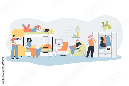 Group of students in room at hostel. Young cartoon characters living in dorm, alternative house flat vector illustration. Accommodation, college concept for banner, website design or landing web page