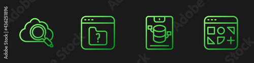 Set line Server, Data, Web Hosting, Search cloud computing, File missing and Different files. Gradient color icons. Vector