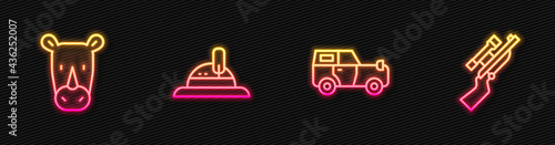 Set line Off road car, Rhinoceros, Hunter hat and Sniper rifle with scope. Glowing neon icon. Vector
