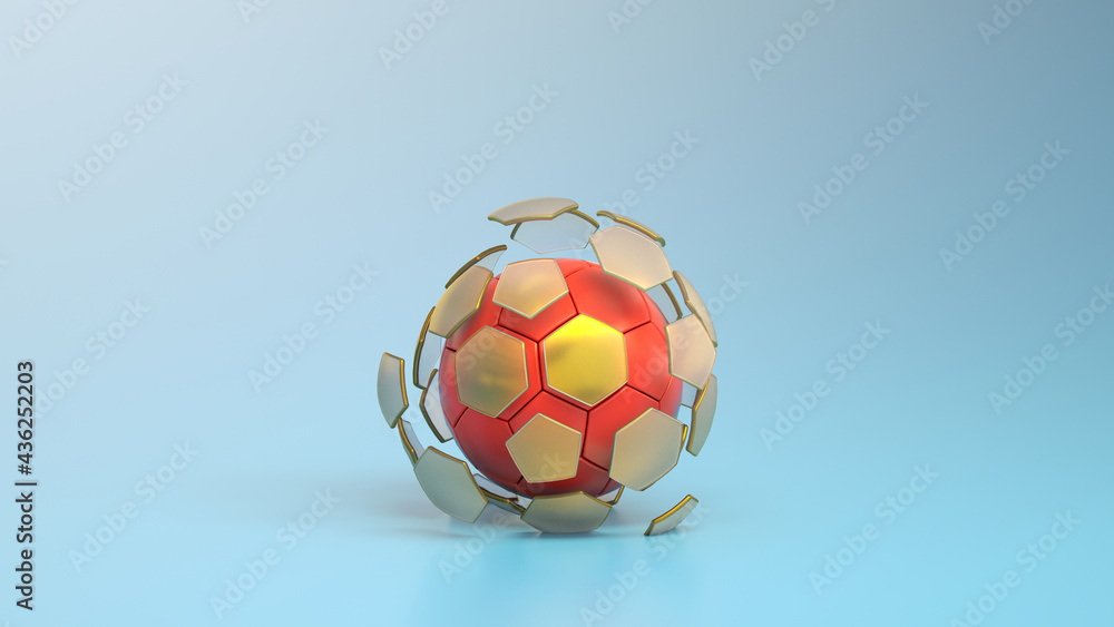 Fototapeta premium Soccer or european football concept. Soccer ball with fractured segments hexagonical shape. 3d rendering