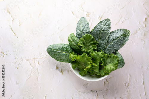 Curly and Tuscan/Dinosaur Kale leaves in a white bowl flat lay view