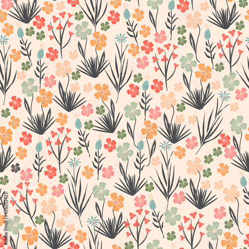 Floral seamless pattern. Hand drawn flowers. Vector background. Fshion print. Pink background.