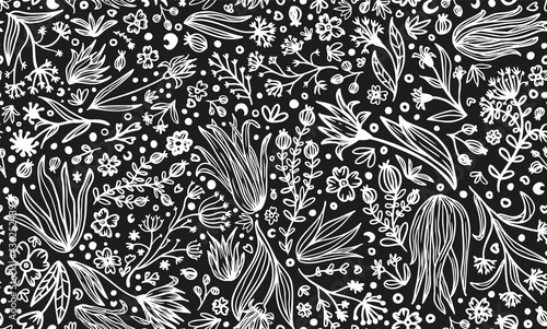 Different doodled vector botanical elements, flowers, leaves, branches, grass, herbs seamless repeat pattern. All over surface print on black background.