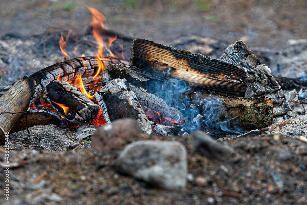 burning log of wood close-up as abstract background, the hot embers of burning wood log fire burning log of wood close-up as abstract background, the hot embers of burning wood log fire