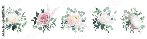 Blush pink rose, ranunculus, camellia, white peony and magnolia vector design bouquets.