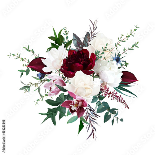 Burgundy red peony and anthurium, cream white magnolia, pink orchid, peony flowers, thistle, greenery