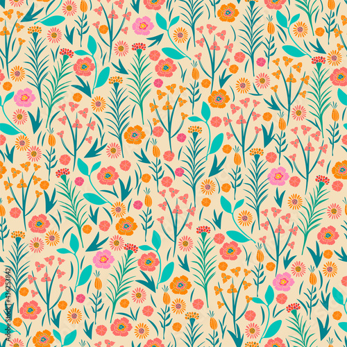 Floral seamless pattern. Hand drawn flowers. Vector background. 