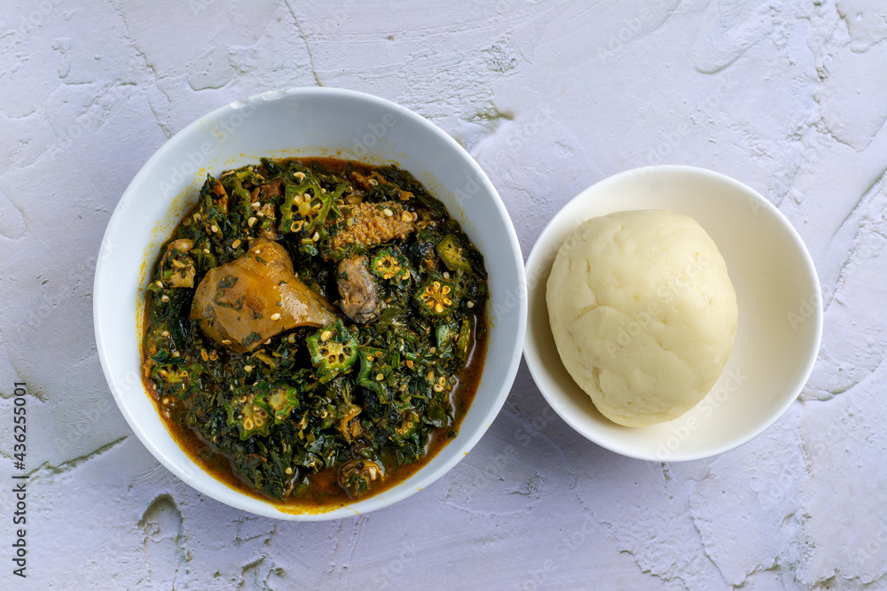 Okra soup served with fufu / pounded yam Stock Photo Adobe Stock