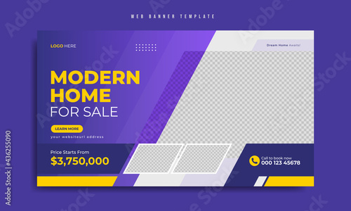 Real estate company web banner template design. Modern home, house or property sale promotion cover or flyer with logo & icon for social media. Online marketing video thumbnail graphic background.   