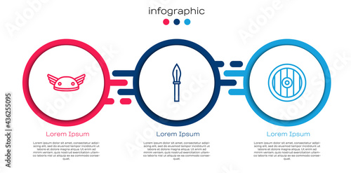 Set line Helmet with wings, Medieval spear and Greek shield. Business infographic template. Vector