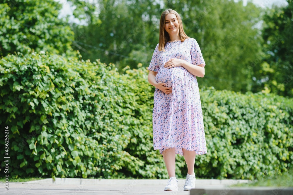 Naklejka premium The pregnant girl on walk in city park