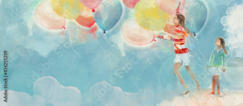 Happy childhood. Summer. Watercolor concept background