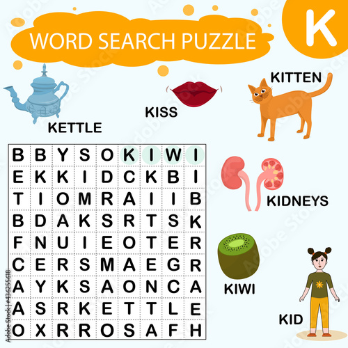 Vector educational game for kids. A puzzle for finding words starting with the letter K
