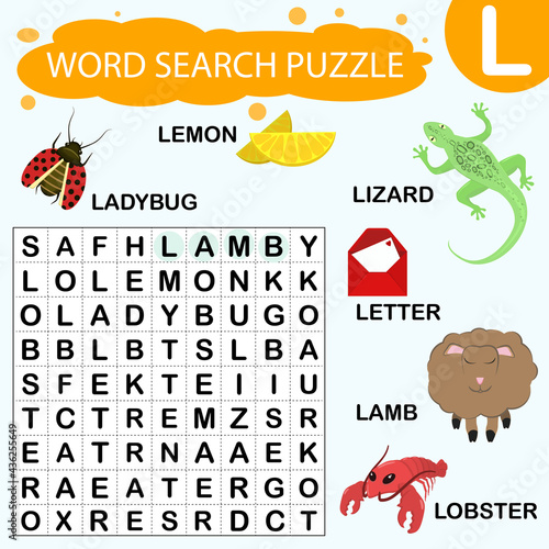Vector educational game for kids. A puzzle for finding words starting with the letter L
