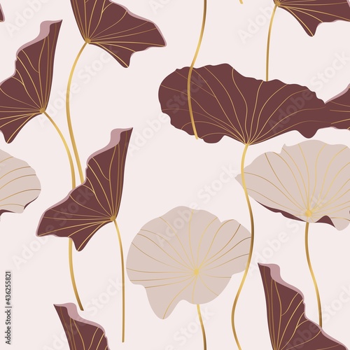 Golden, brown abstract lotus leaves, simple line arts on white background. Luxury gold wallpaper design for prints, banner, fabric, poster.