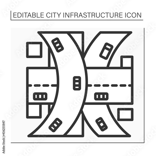Multi-level junction icon. Road junction to let traffic pass through junction without interruption from crossing traffic streams.Highway system concept. Isolated vector illustrations. Editable stroke