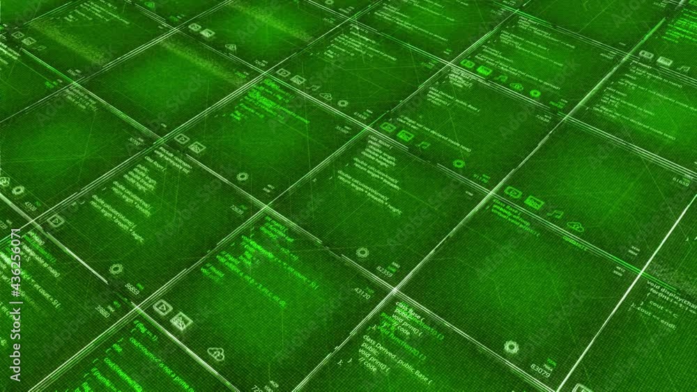 Green background with program codes in table. Animation. Computer