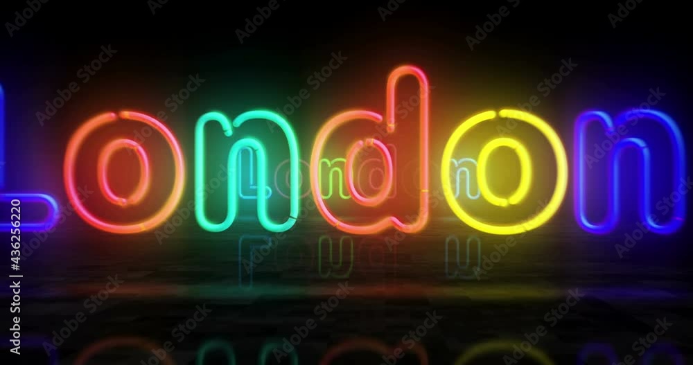 London UK, GB, England symbol neon symbol. Light color bulbs with romantic city club sign. Abstract seamless and looped concept 3d flying through the tunnel animation. London UK, GB, England symbol neon symbol. Light color bulbs with romantic city club sign. Abstract seamless and looped concept 3d flying through the tunnel animation.