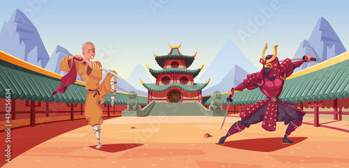 Samurai and Shaolin combat in  ancient temple vector illustration