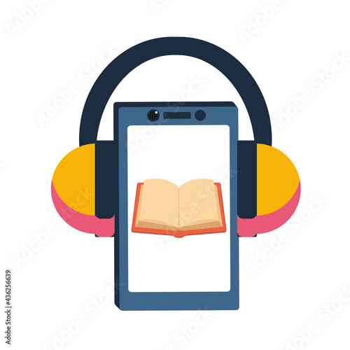 Vector audiobook application on smartphone. Phone with earphones. Opened book. Digital library for reading. Vector illustration