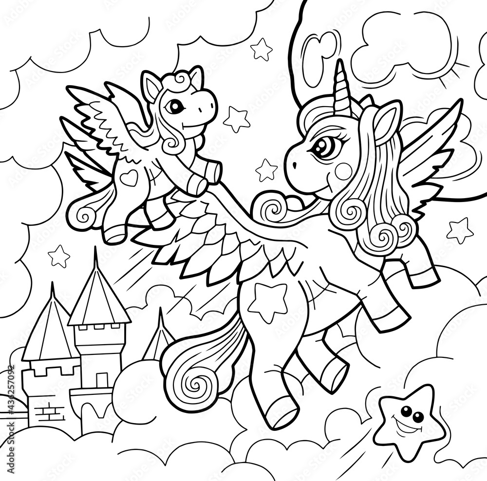 Fototapeta premium cartoon cute pony unicorn, coloring book, outline illustration