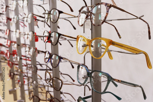 Optics salon. Shop window of modern beautiful eyeglasses. glasses shop