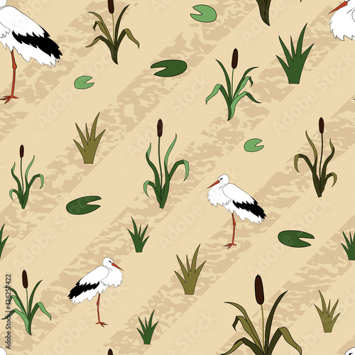 Stork and Reeds Seamless Repeat Pattern