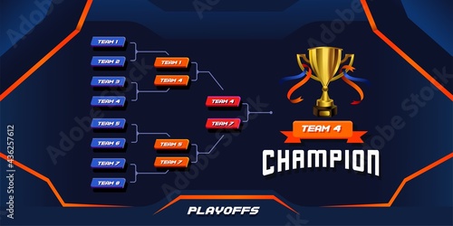 modern sport game tournament championship contest stage bracket board vector with gold champion trophy prize icon illustration background in tech theme style layout.