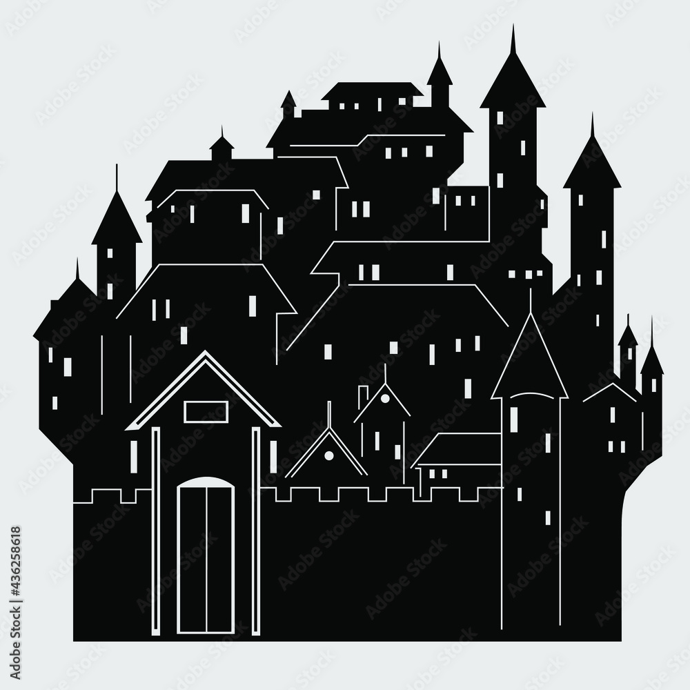 black and white image of an old city with towers, walls, houses in the form of a stencil for interior decoration and children's fairy tales and other illustrations