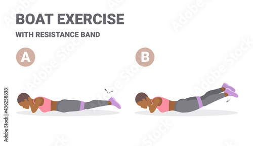 African American Girl Doing Back Strength Fitness Workout Routine with Resistance Band Guidance.