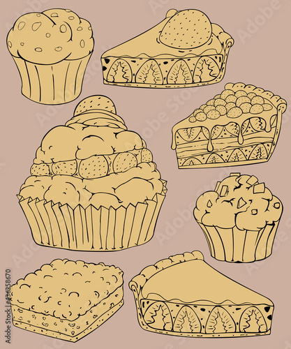 strawberry cream puffs and cupcakes chocolate ships strawberry jams pie caramel cake. Bakery homemade vector and illustration.