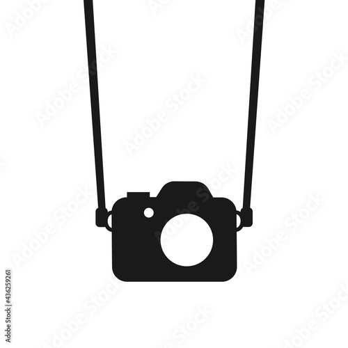DSLR and camera on the strap. Device, tool and equipment for taking photo and shooting photograph. Vector illustration isolated on white.