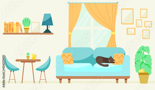 cozy living room. Large dining room. Cute vector illustration in flat style.