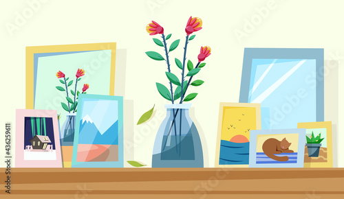 flowers in a vase. cozy interior. vector illustration in flat style