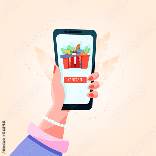 ordering products online. woman making online purchase. Vector illustration in flat style