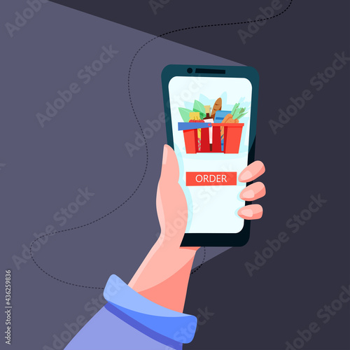 ordering products online. Man making online purchase. Vector illustration in flat style