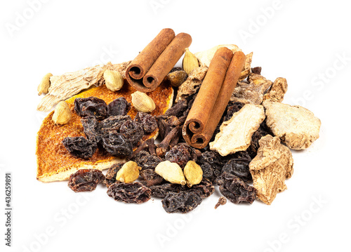 handful of Mulling spices closeup on white