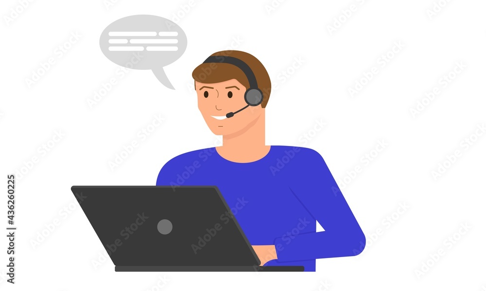 A call center employee talks to a customer using a headset in front of a laptop