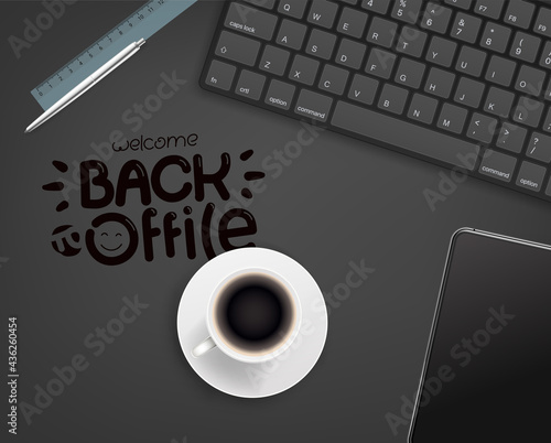 Welcome back to office. Different business stuff on a table. Top view
