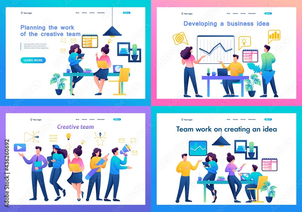 Set of landing page with the work of the creative team Set of landing page with the work of the creative team