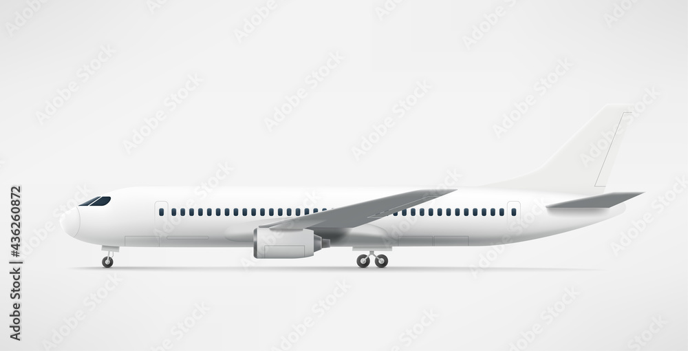 Modern white airplane standing on a ground. Vector mockup for design