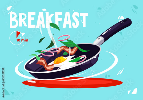 vector illustration cooking fried eggs in a frying pan with bacon slices, herbs and onions, morning breakfast