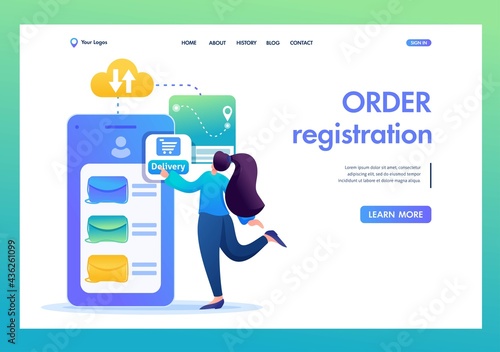 Girl Makes An Online Order Of Things Using a Smartphone. Flat 2D Landing Page