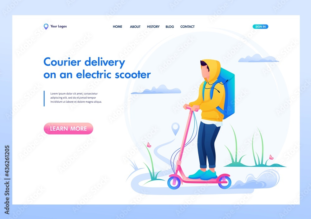 Young Guy Courier, Delivery Of Goods On An Electric Scooter. Fast Delivery. Flat 2D Landing Page